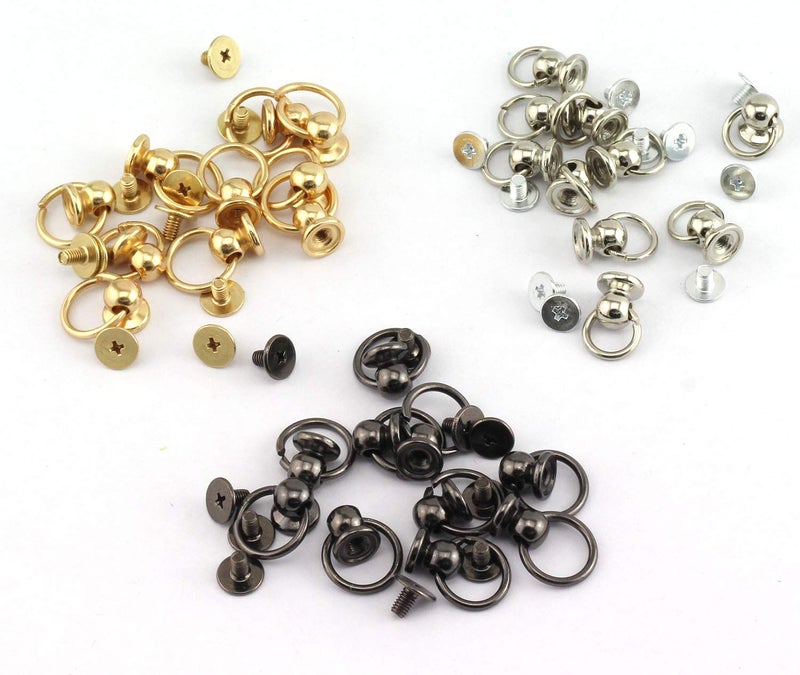RuiLing 30pcs 8x6mm Screwback Round Head Rivet with Pull Ring 3 Color Assrted Kit Metal Handmade DIY Accessory Nail Heads Stud Leather Craft Screw Rivets (Silver, Black, Gold) - Image 1